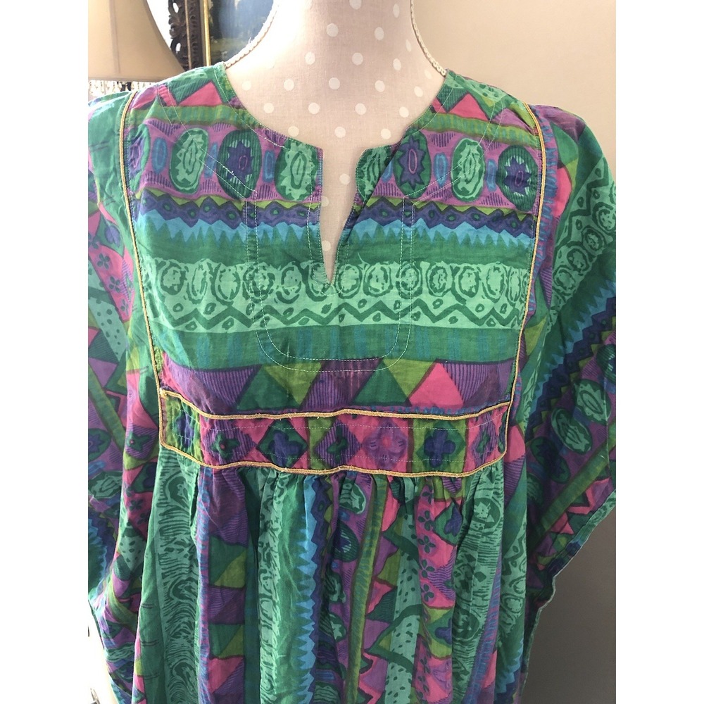 Vtg Kaftan 100% Cotton Long Kaftan Dress Caftan Vibrant Colors Kimono One Size - Picture 2 of 10